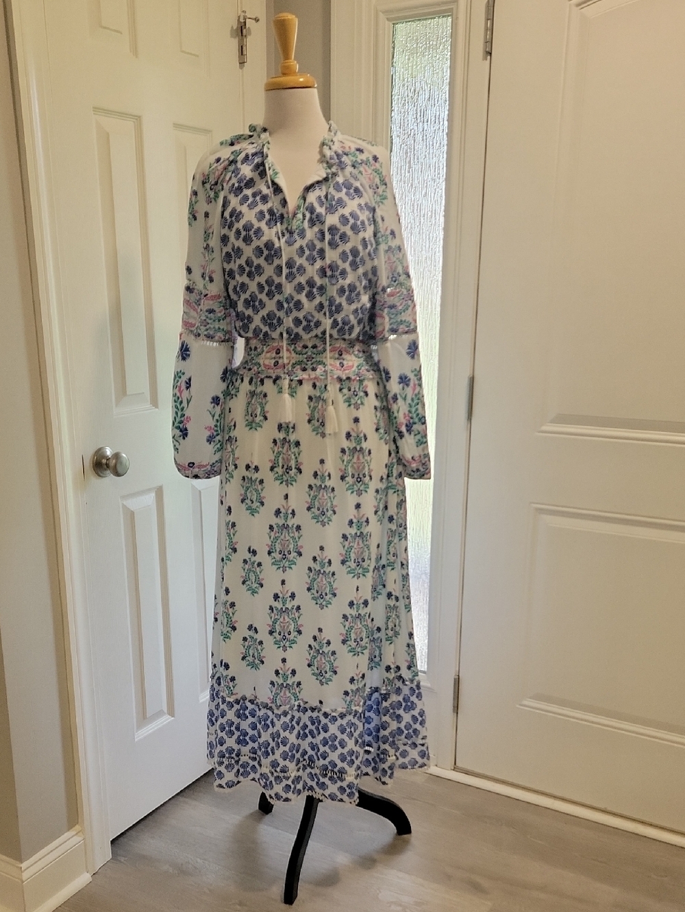 Chico's White Maxi Dress with Blue and Green Floral Print